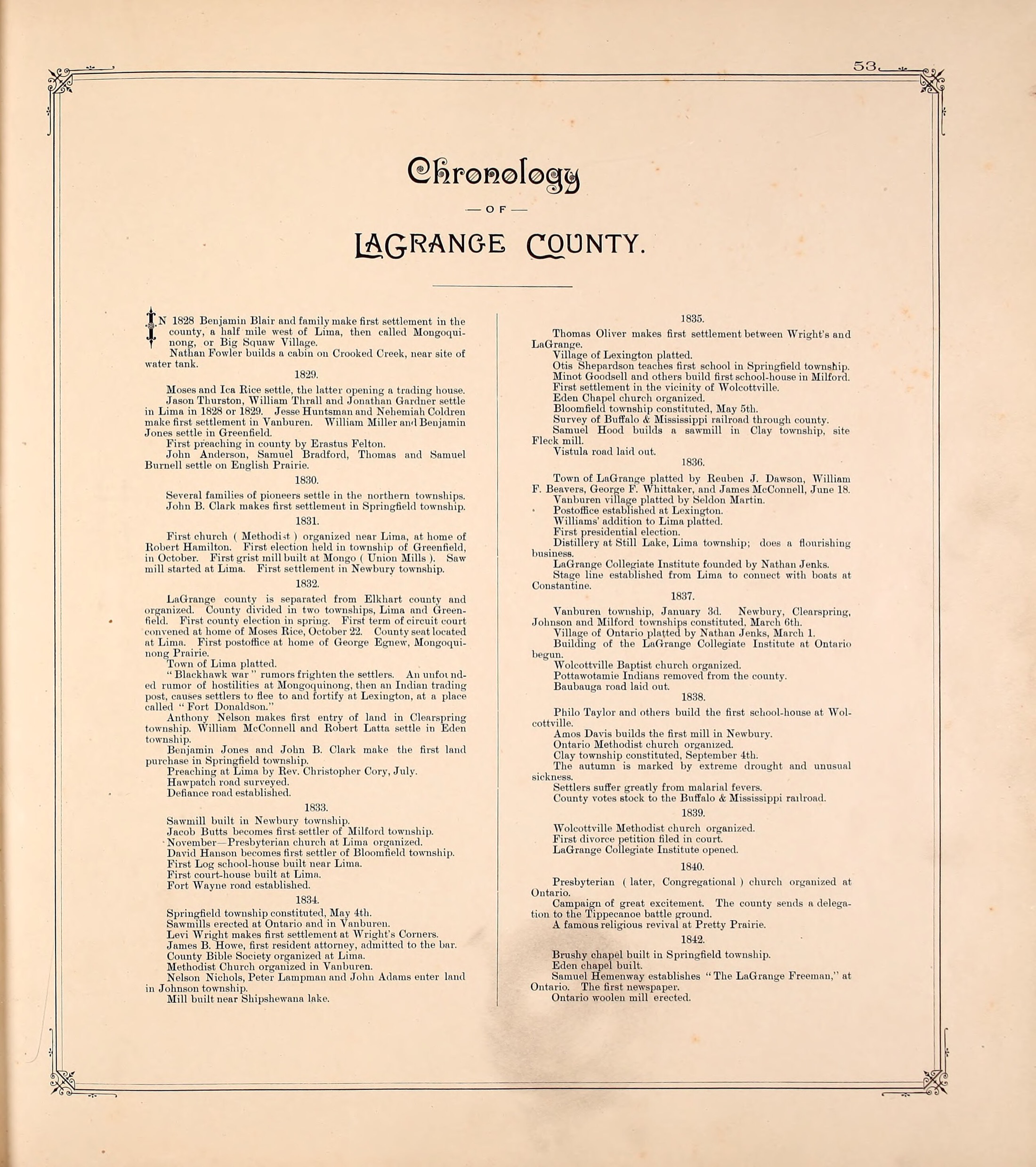 A printed page from an 1893 county atlas, headed Chronology of LaGrange County in ornamented type, the text set in two columns of small roman inside a fine ruled border with decorated corners. Years run as centred headings down each column, each followed by a short run of one line entries. The page is numbered 53 at the top right.