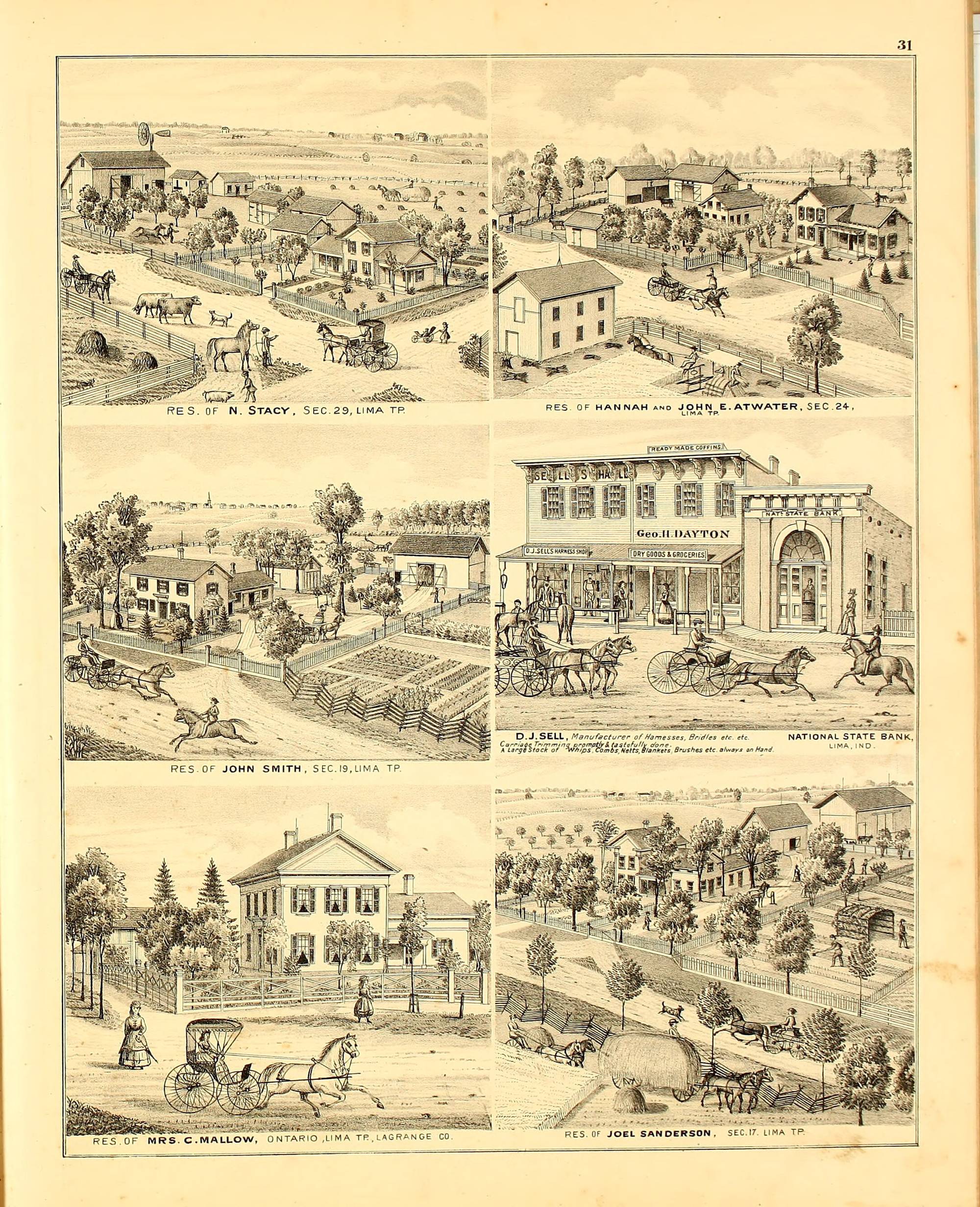 A page from an 1874 county atlas carrying six lithographed views in three rows of two, each in its own ruled panel with a caption in small spaced capitals beneath it. Five are farmsteads and houses with outbuildings, orchards, board fences and figures with horses, buggies and cattle on the roads in front of them. The sixth, at the middle right, is a street view of a block of stores with lettered signboards beside a bank with a tall arched doorway.