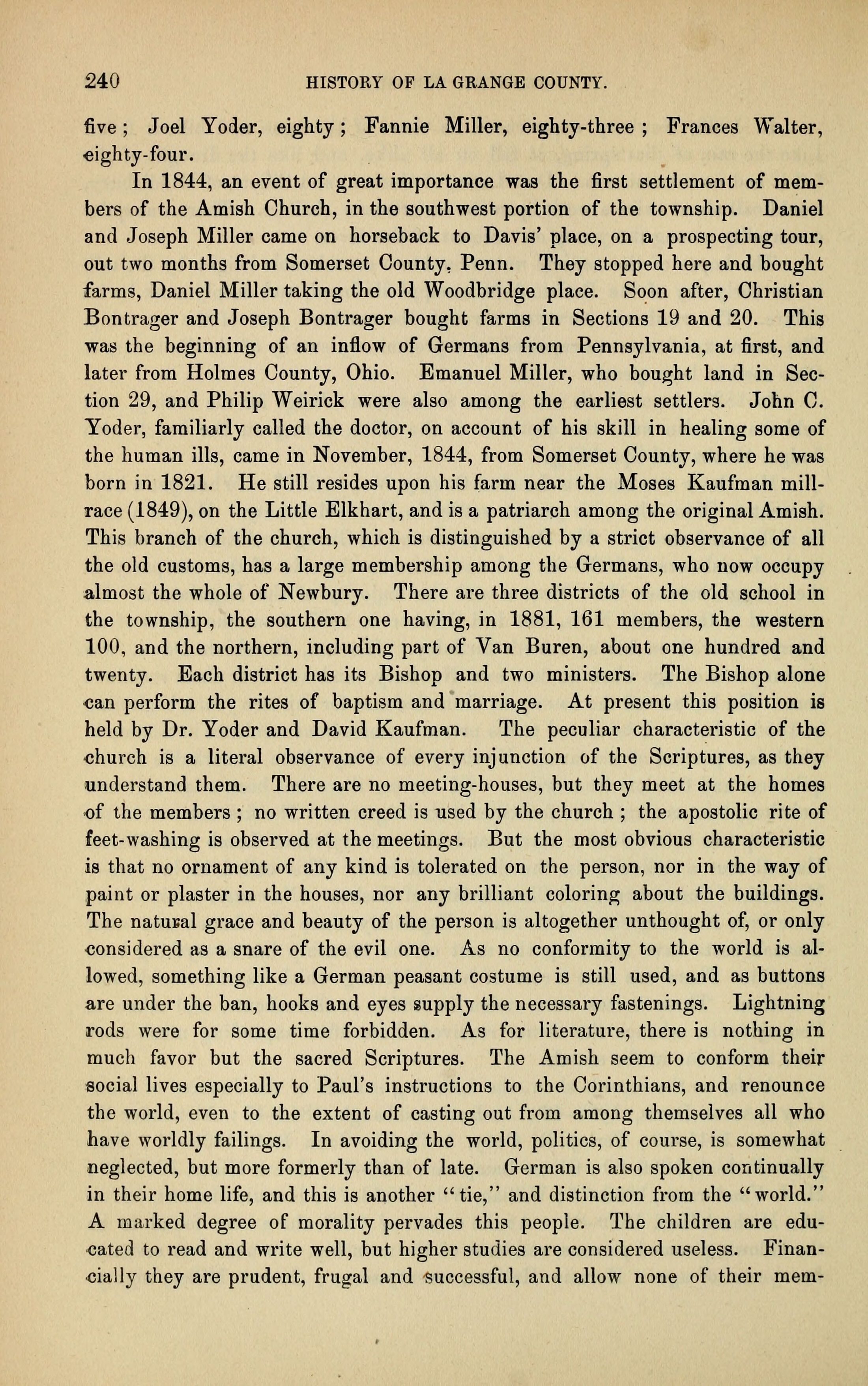 A printed page of an 1882 county history, a single column of set type on toned cream paper, numbered 240 at the top left beside the running head HISTORY OF LA GRANGE COUNTY. Unbroken body type from the top of the page to the bottom with no illustration and no paragraph break in the lower two thirds, the last line ending mid word on a hyphen.