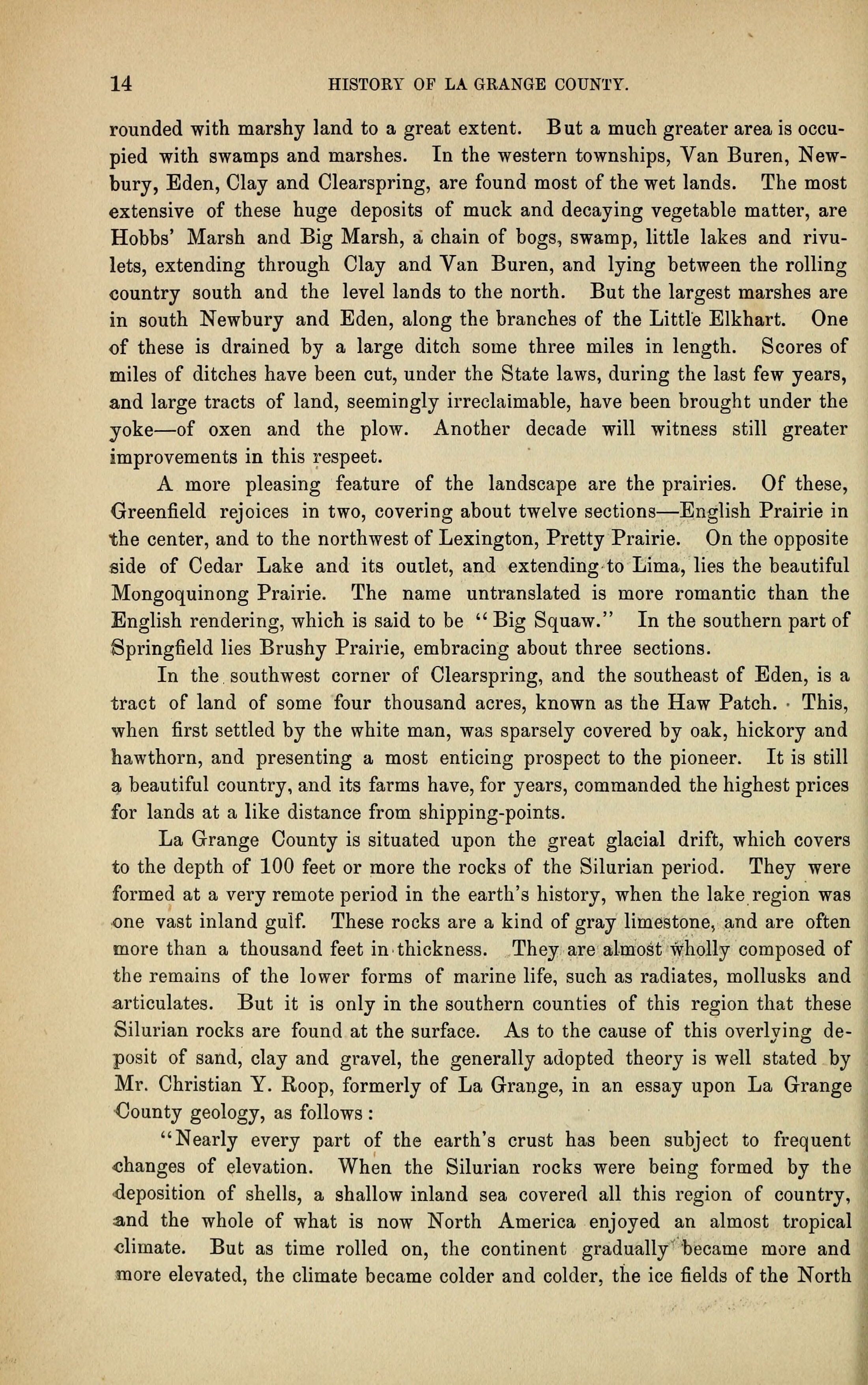 A printed page of an 1882 county history, a single column of set type on toned cream paper, numbered 14 at the top left beside the running head HISTORY OF LA GRANGE COUNTY. Four paragraphs of body type describing marshes, prairies and a tract of land, followed by a fifth that opens with a quotation mark and runs to the foot of the page. No illustration.