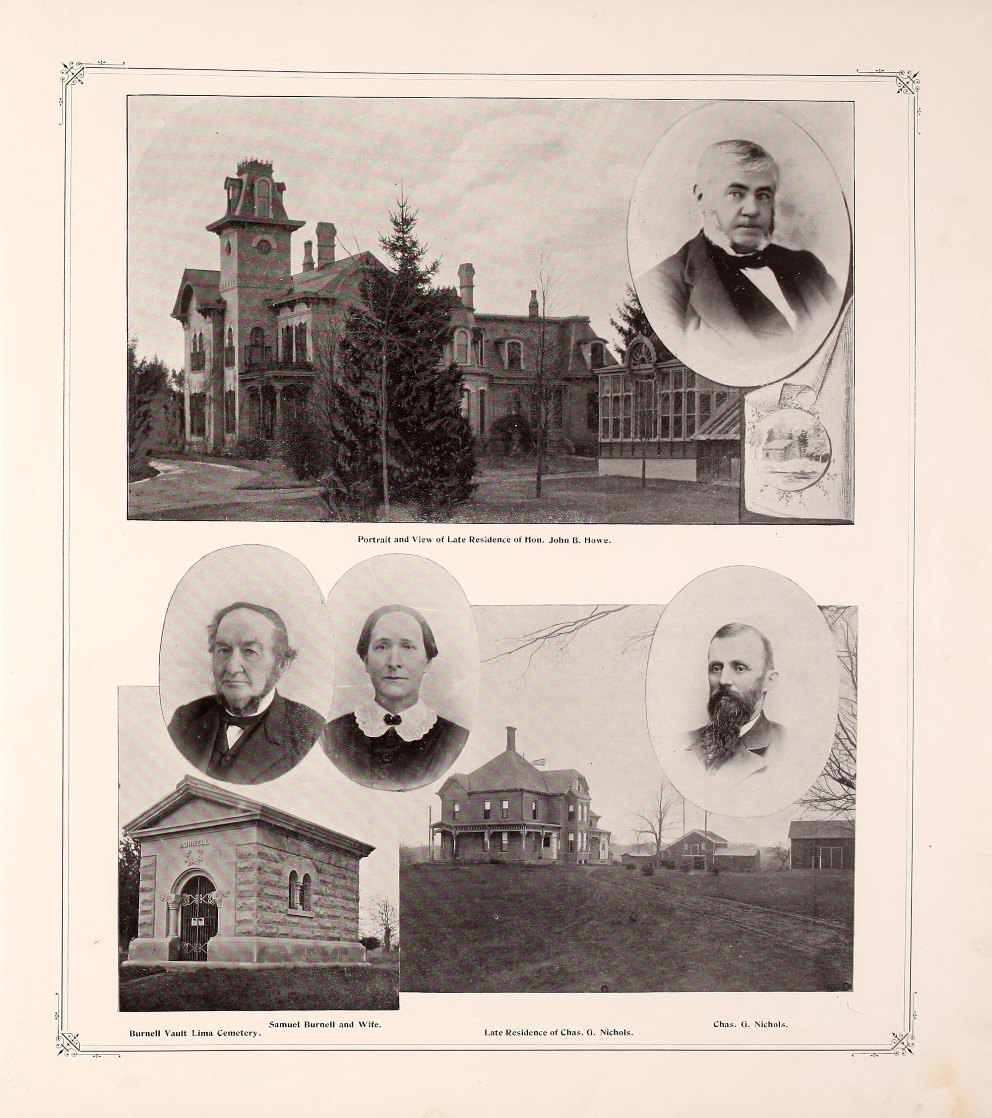 A page from an 1893 atlas inside a ruled border with ornamented corners. Across the top a large photograph of a many gabled brick house with a tower and a glasshouse, with an oval portrait of a man set into its upper right corner. Below it two oval portraits side by side and the same size, an elderly man and an elderly woman, both in dark clothes. Beneath them at the left a small stone vault with an arched iron door and a name cut in the stone above it, and to the right a photograph of a farmhouse on a rise with outbuildings behind it and a third oval portrait of a bearded man.