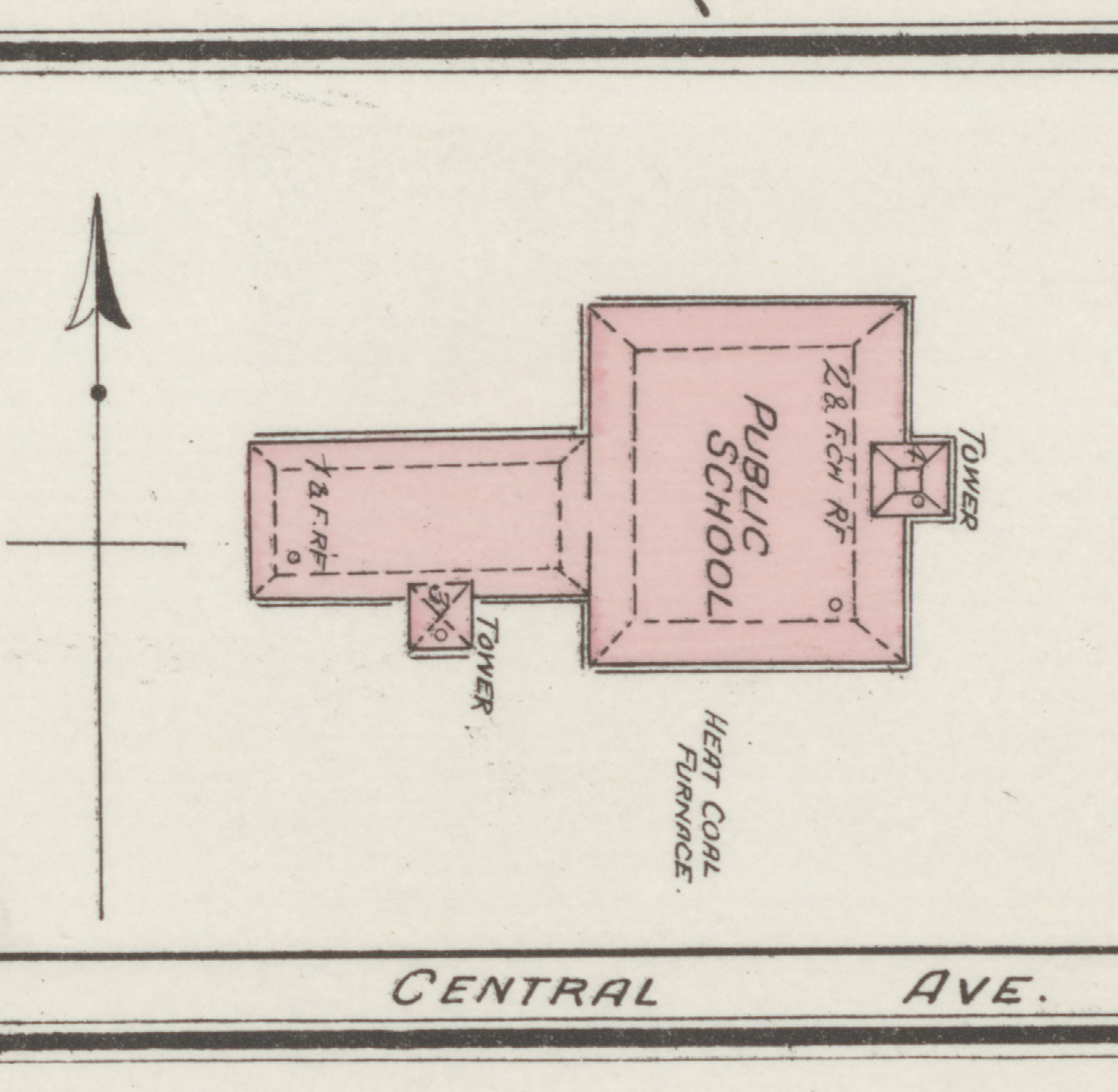 A detail from an 1887 fire insurance plan, printed in black line with the building washed in pink. A square block is lettered PUBLIC SCHOOL, with a construction note reading 2 and F. CH RF along one wall. A narrower wing runs west from it, lettered 1 and F. RF. Two small square projections stand off the building, each lettered TOWER, one numbered 4 on the east face of the block and one numbered 3 on the south face of the wing. HEAT COAL FURNACE is lettered on the open ground beside the block. The street along the bottom edge is lettered CENTRAL AVE. A north arrow stands at the left of the frame, pointing up.