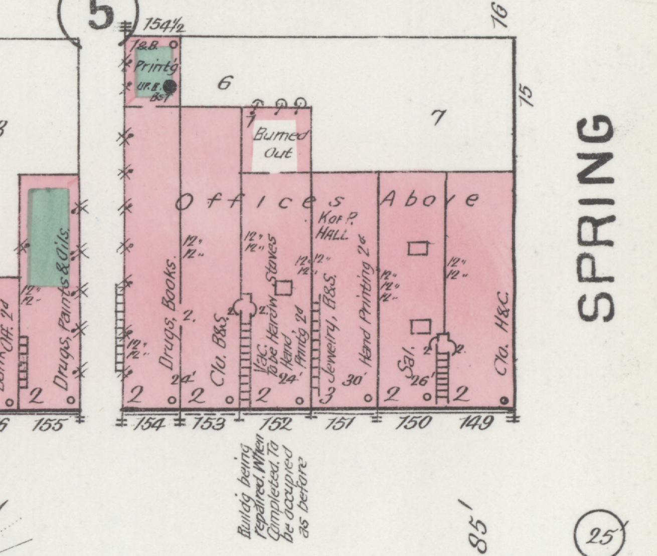 A detail from an 1892 fire insurance map showing the block east of the courthouse square. At the top left a small building lettered Print'g is shaded green for a special hazard, with Up. B. Bs't beneath it for an upper boiler in the basement. Below and right of it, an unshaded white rectangle interrupting the brick is lettered Burned Out. The storefront row beneath runs from 155 to 149 with each trade lettered, Offices Above across the middle, and a note in the street reading that a building is being repaired and when completed will be occupied as before.