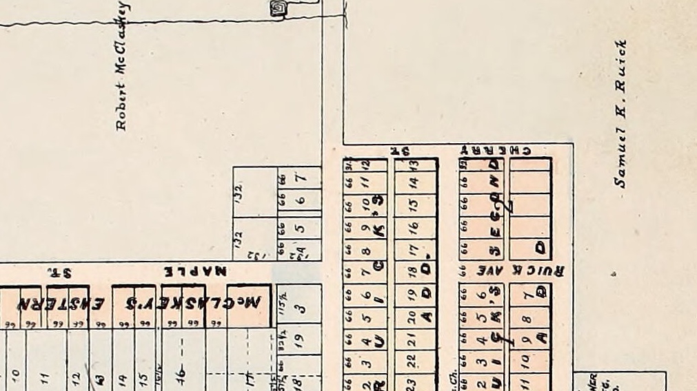 A detail of a printed town plat. Across the open ground at the upper left, in script, the name Robert McClaskey. Down the right margin, in the same script, the name Samuel K. Ruick. Between them a grid of numbered lots tinted pink, with RUICK AVE lettered along one street and SECOND and CHERRY along others. Across the lower left, MAPLE ST. and the words McCLASKEY'S EASTERN, the beginning of the addition's name, run along a row of lots each marked 66 feet wide.