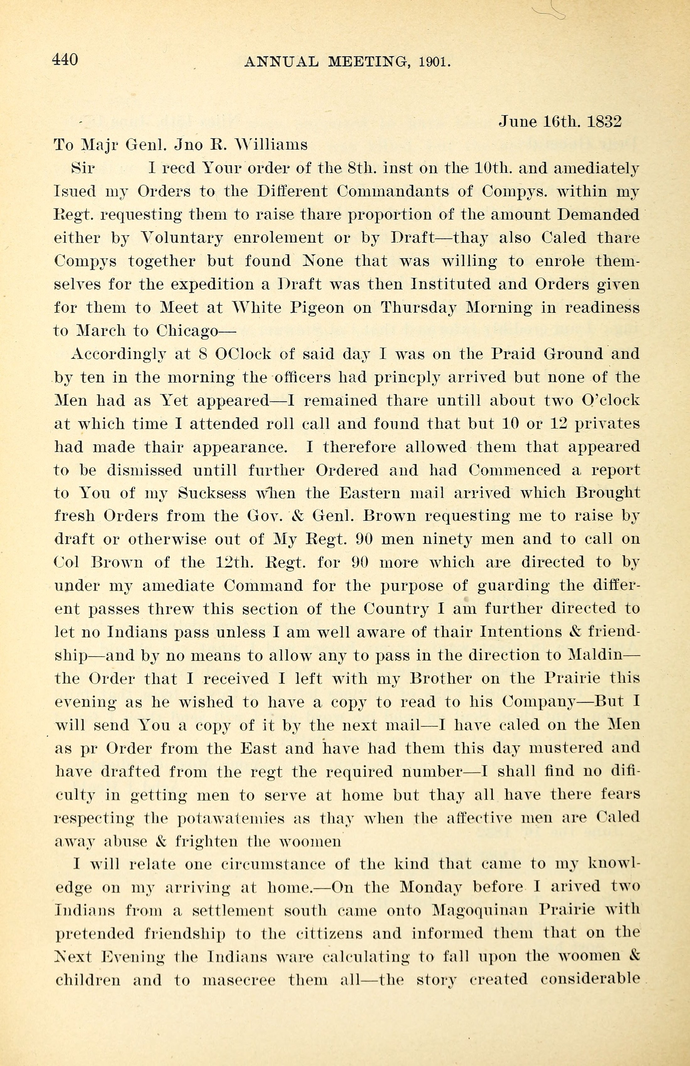 A full page of printed type from an old book. At the top, a page number, 440, and the running head Annual Meeting, 1901. Below, a letter dated June 16th 1832 and addressed to Majr Genl. Jno R. Williams, set in a serif face in long paragraphs. The last paragraph on the page tells of two Indians coming onto Magoquinan Prairie, and the page ends mid sentence.