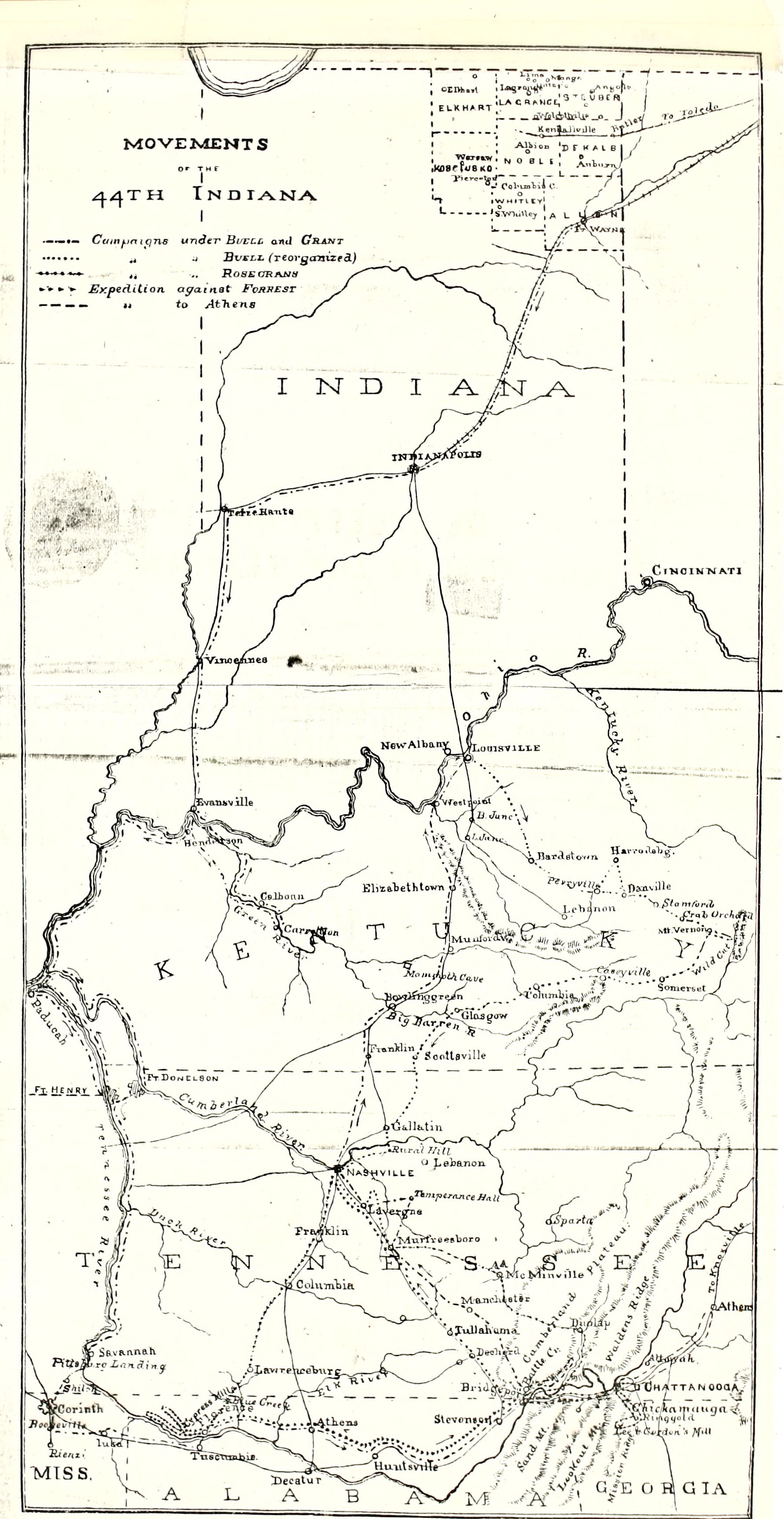 An engraved map headed MOVEMENTS OF THE 44TH INDIANA, printed in black line on toned cream paper, covering Indiana, Kentucky, Tennessee and the edges of Mississippi, Alabama and Georgia, with a legend of four route types and a corner inset of northeastern Indiana lettering LA GRANGE with the towns Lima and Lagrange marked.