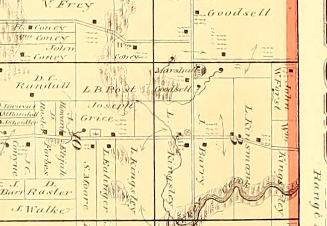 A detail from an 1874 township plat of the same ground, printed in cream and red, showing farm parcels with owners' names. The corner where the 1893 plat letters MT. PISGAH carries buildings, a small symbol at a road junction, and the names V. Frey, Wm. Coney, Marshall Goodsell, L. B. Post, Joseph Grice, D. Rasler and L. Kingsley. No place name is lettered anywhere on it.