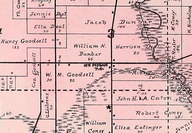 A detail from an 1893 township plat, printed in pink, showing a grid of farm parcels with each owner's name and acreage written across it. In the middle, in small bold capitals set level beside the corner where a road running east and west meets one running north and south, the words MT. PISGAH with P.O. beneath them. The section number 3 stands just above on the north and south road. The names around it read William N. Dunbar 64, W. M. Goodsell 80, Jacob Dunbar 144, Harrison Deal 80, Nancy Goodsell 122 and John H. and A. Caton. A small star stands a short distance to the south. No town lots or streets are drawn anywhere near the name.