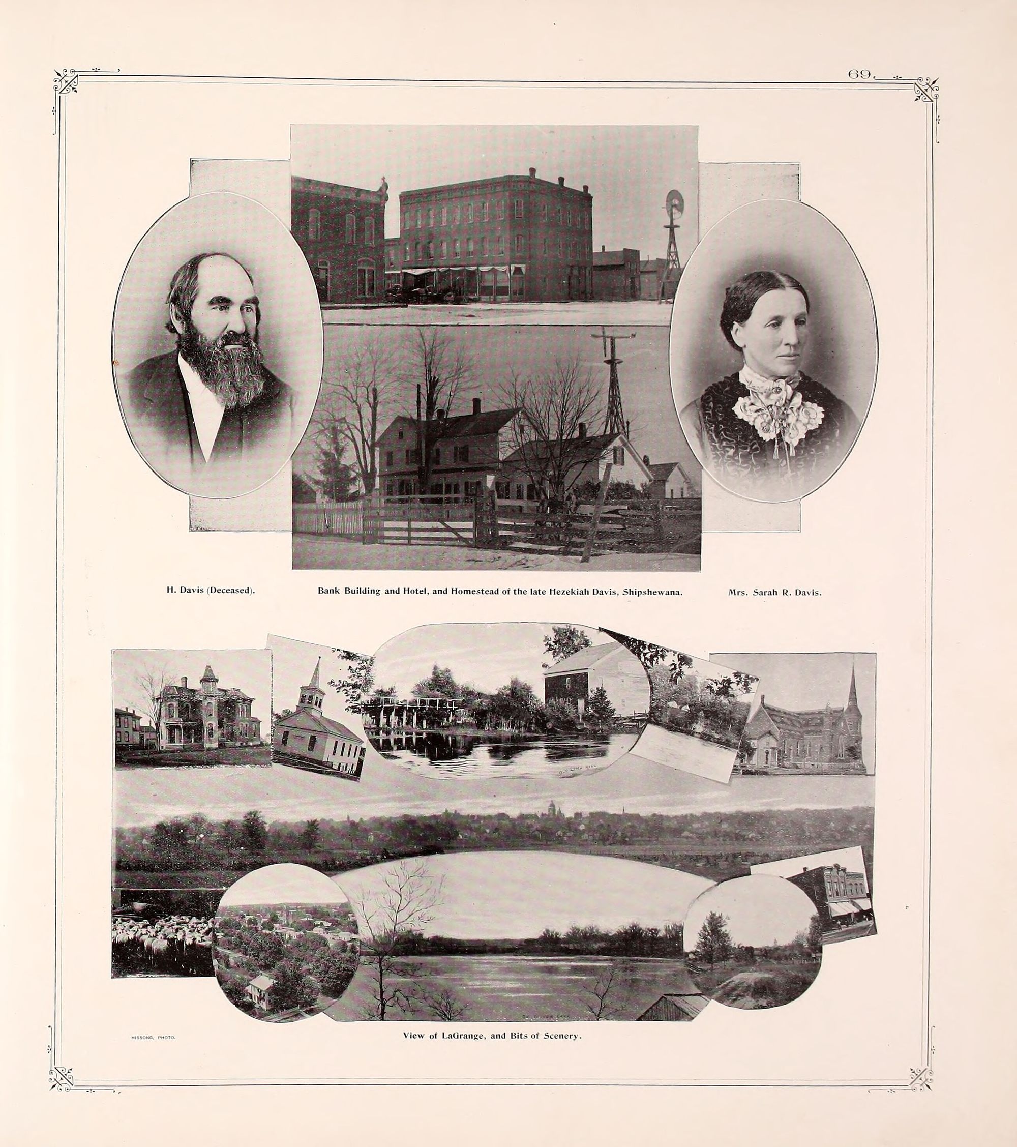 A page from an 1893 county atlas inside a ruled border with ornamented corners. Across the upper half, an oval portrait of a man with a full dark beard at the left and an oval portrait of a woman at the right, her hair parted in the middle and drawn back, a dark bodice and a white lace jabot at her throat. Between them two photographs stacked one above the other: a three storey brick business block on a snowy street with a windmill beyond it, and below that a two storey frame farmhouse behind a board fence and a gate. Under the upper group a single line of three captions. The lower half is a montage of smaller photographs of houses, a church, a lake and a view across a town.