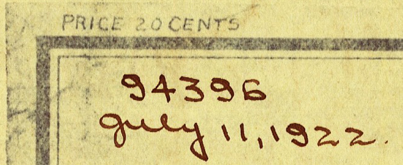The top left corner of the map. Above the double border, small printed capitals read PRICE 20 CENTS. Inside the border, written by hand in brown ink, the number 94396, and beneath it July 11, 1922.