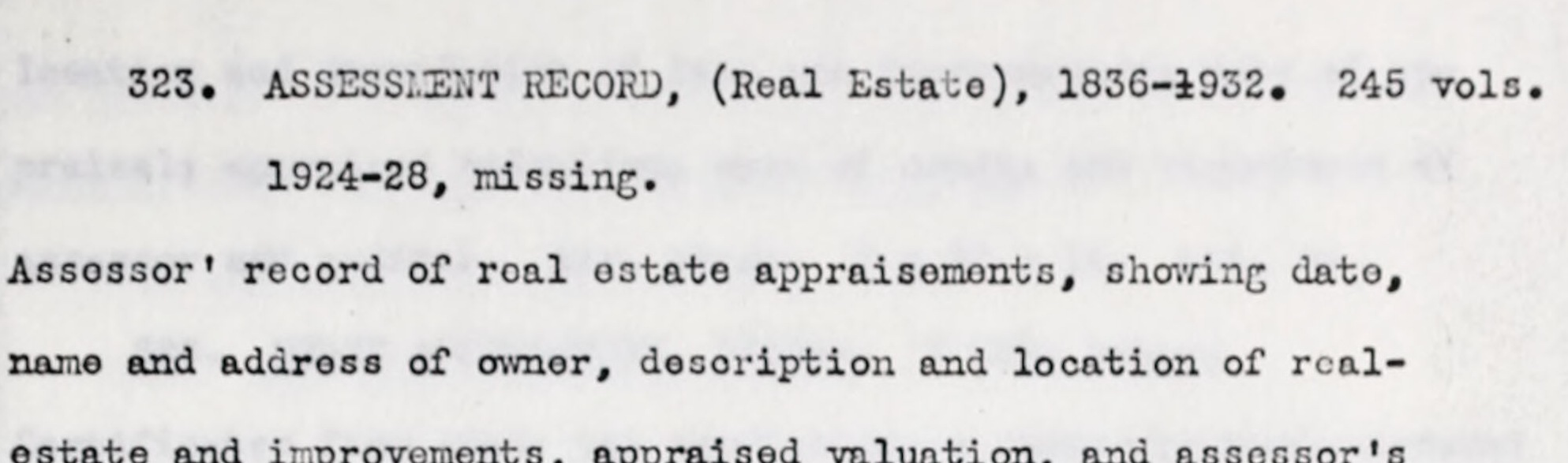Two lines of typescript from a 1937 inventory, reading 323. ASSESSMENT RECORD, open bracket Real Estate, close bracket, 1836 to 1932, 245 volumes, and beneath it, indented, the words 1924 to 28, missing.