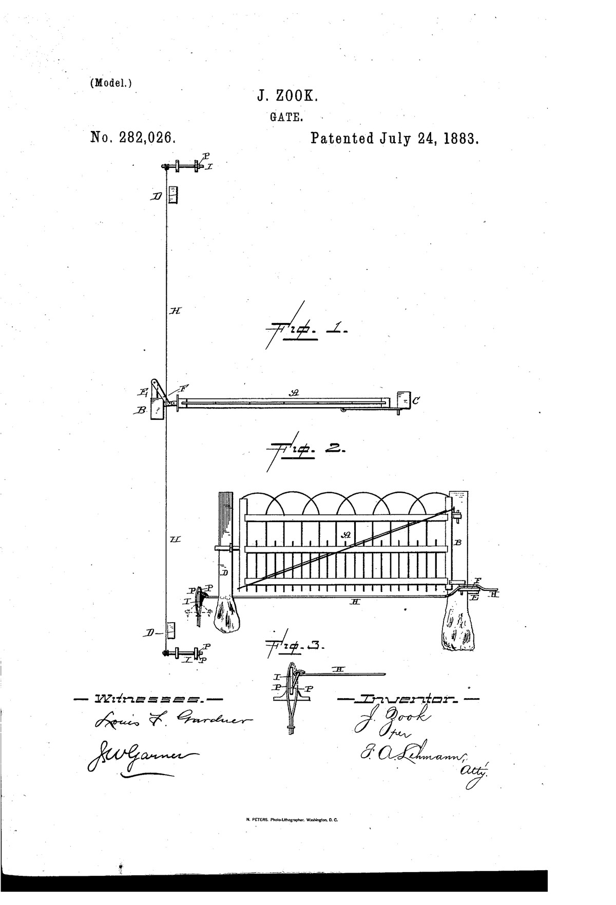 A patent drawing headed J. Zook, Gate, No. 282,026, Patented July 24, 1883. Figure 1 is a plan view: a long rod lettered H runs the height of the sheet with a crank at each end, and the gate lies across it. Figure 2 is a side view of a picket gate with arched tops, braced by a diagonal rod, hung between two posts set in the ground, with a rod running beneath it to a crank at the left. Figure 3 is a detail of a crank with its two springs. Witnesses and the inventor's signature by his attorney are written at the foot.
