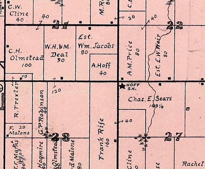 A detail from an 1893 county atlas plate, printed in black line on a pink wash. A solid black five pointed star stands at the inner corner of a numbered section, with the words HOFF S.H. lettered beside it in small capitals. A. Hoff holds forty acres in the section above.